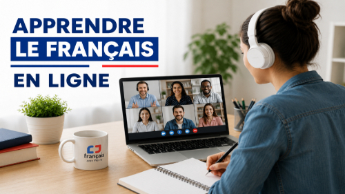 Personne suivant un cours de français en ligne sur ordinateur